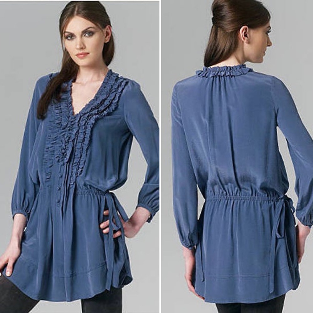 rebecca taylor | silk tuxedo ruffle tunic dress dusty blue 0